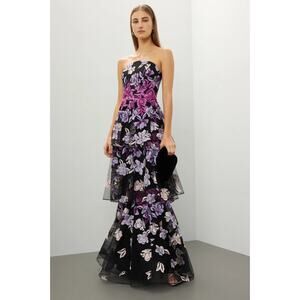 MARCHESA Notte Tiered Strapless Embroidered Floral Gown Dress, Size 8, Ret $995